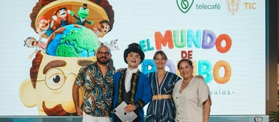 Cuatro personas posan ante pantalla con “El mundo de Robo”; logos de Telecafé y TIC anuncian lanzamientos regionales en FICCI.