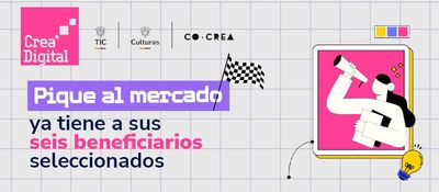 Banner Crea Digital 2026 anuncia seis empresas seleccionadas en “Pique al Mercado”, con ilustración de persona usando megáfono