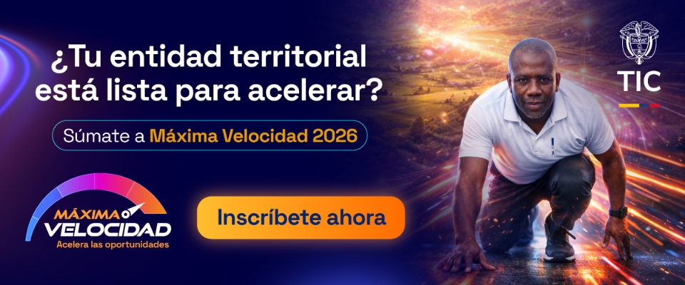 Banner digital con atleta listo para correr, fondo de luces veloces y mensaje de inscripción a “Máxima Velocidad 2026” del Ministerio TIC
