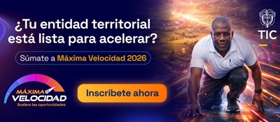 Banner digital con atleta listo para correr, fondo de luces veloces y mensaje de inscripción a “Máxima Velocidad 2026” del Ministerio TIC