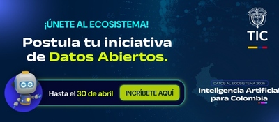 Banner azul invita a postular iniciativas de datos abiertos; robot y botón de inscripción destacan cierre cercano para impacto social.