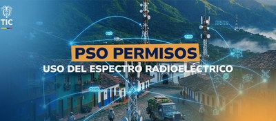 Pueblo con antenas en montañas y señal digital conectando casas. Texto PSO permisos sobre uso del espectro radioeléctrico