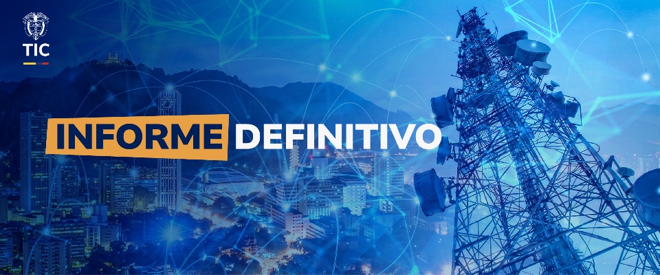Ciudad nocturna con torre de telecomunicaciones y redes digitales. Texto “Informe definitivo” sobre asignación de espectro por MinTIC.