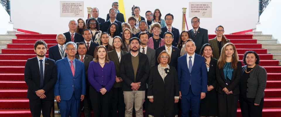 Delegación oficial posa en escalinata con alfombra roja; Colombia impulsa cooperación tecnológica Asia-Pacífico ante consejo económico.