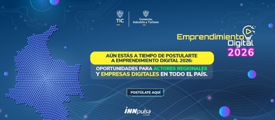 Gráfico azul con mapa de Colombia en puntos y logos oficiales; anuncia convocatoria Emprendimiento Digital 2026 y botón “Postúlate aquí”