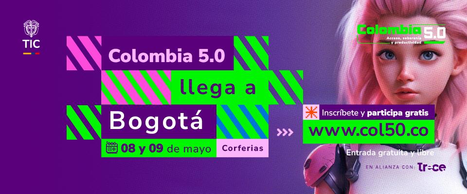 Afiche morado anuncia Colombia 5.0 en Bogotá; fechas 8 y 9 de mayo en Corferias, con personaje digital y web