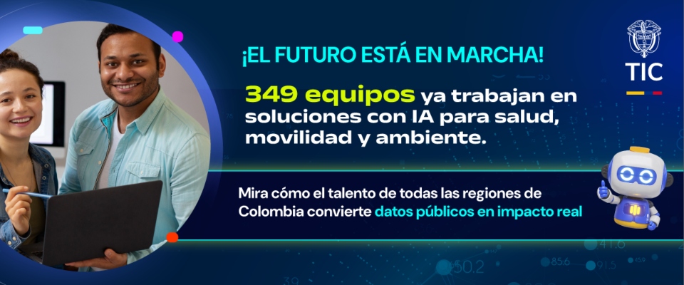 Afiche digital: dos jóvenes con portátil sonríen; texto destaca equipos con IA y uso de datos públicos para soluciones en Colombia.