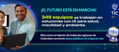 Afiche digital: dos jóvenes con portátil sonríen; texto destaca equipos con IA y uso de datos públicos para soluciones en Colombia.