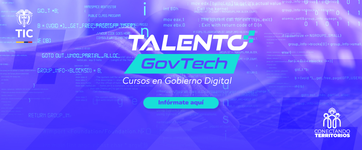 Banner púrpura con código de fondo; destaca “Talento GovTech”, cursos en gobierno digital y botón “Infórmate aquí” del MinTIC