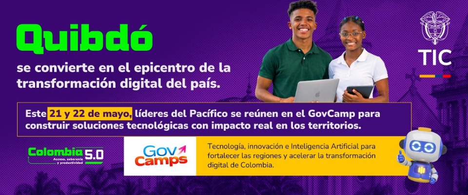 Banner morado anuncia a Quibdó como sede de encuentro tecnológico del Pacífico con jóvenes usando dispositivos digitales.