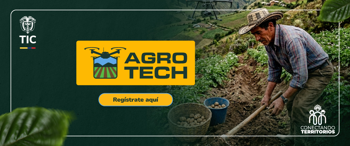 Campesino trabaja cultivo de papa mientras un dron sobrevuela el campo en promoción de tecnología para el agro