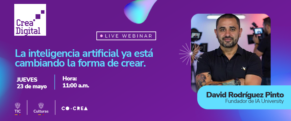 Pieza promocional morada anuncia webinar de Crea Digital sobre inteligencia artificial y creatividad, con David Rodríguez Pinto