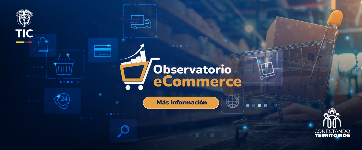 Banner digital del Observatorio eCommerce muestra carrito de compras y herramientas tecnológicas para comercio electrónico