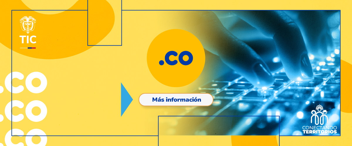 Banner digital del dominio .CO muestra mano sobre teclado iluminado y elementos gráficos de conectividad y tecnología