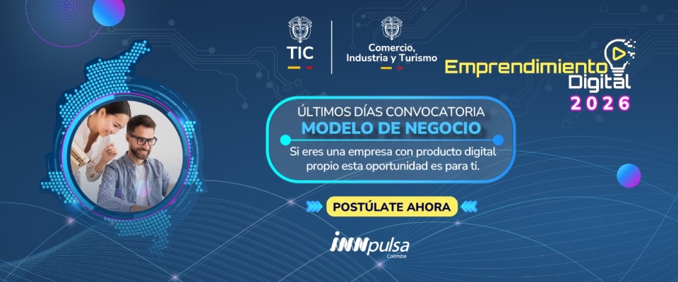 Banner azul de Emprendimiento Digital 2026 invita a empresas con producto digital a postularse y ampliar su crecimiento.