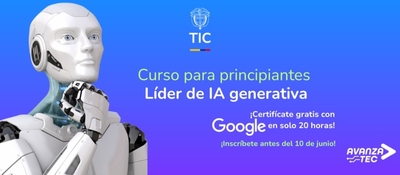 Robot humanoide sobre fondo azul promociona curso gratuito de IA generativa de MinTIC y Google para principiantes.