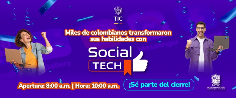 Pieza gráfica morada anuncia resultados de Social Tech con jóvenes celebrando formación en habilidades digitales.
