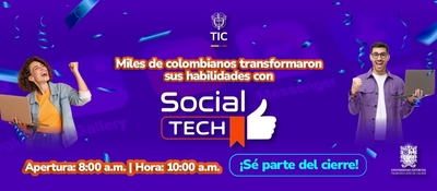 Pieza gráfica morada anuncia resultados de Social Tech con jóvenes celebrando formación en habilidades digitales.