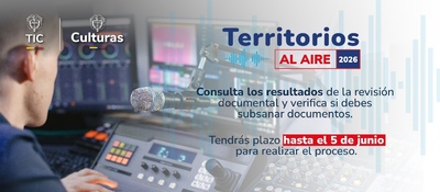 Banner de Territorios al Aire 2026 con estudio de radio y mensaje sobre revisión documental hasta el 5 de junio.