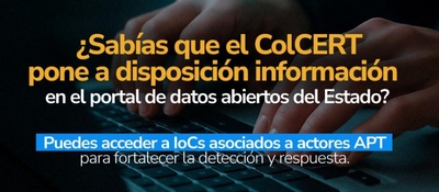 Manos sobre un teclado acompañan mensaje sobre datos abiertos de ColCERT para detectar amenazas digitales.