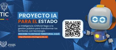 Afiche de “IA para el Estado” con robot, código QR e invitación a inscribirse en formación para gestión pública