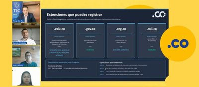 Pantalla de capacitación virtual muestra información sobre dominios .co y su uso para fortalecer la identidad digital