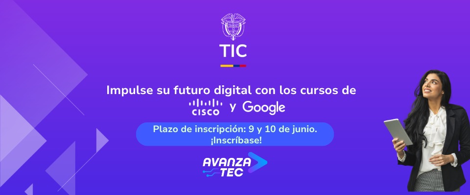 Banner morado de AvanzaTEC invita a inscribirse en cursos gratuitos de Cisco y Google. Mujer sostiene una tableta