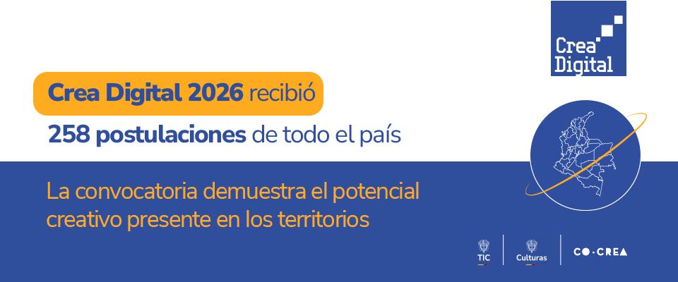 Gráfico de Crea Digital 2026 informa 258 postulaciones de todo Colombia, destacando el talento creativo de las regiones.