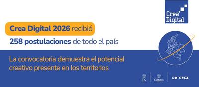 Gráfico de Crea Digital 2026 informa 258 postulaciones de todo Colombia, destacando el talento creativo de las regiones.