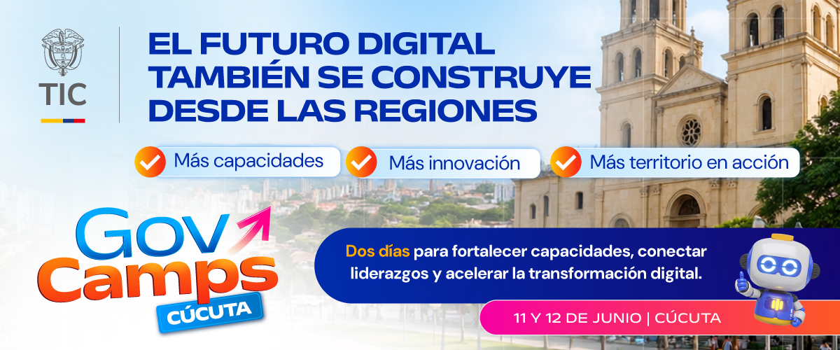Banner de GovCamps Cúcuta con fondo urbano y catedral. Promueve capacidades, innovación y transformación digital en Los Santanderes.