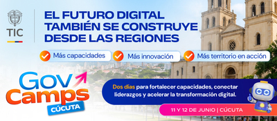 Banner de GovCamps Cúcuta con fondo urbano y catedral. Promueve capacidades, innovación y transformación digital en Los Santanderes.