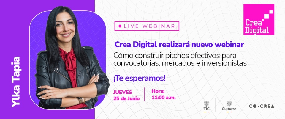 Afiche de webinar de Crea Digital con conferencista, fecha y hora para aprender a fortalecer pitches creativos.