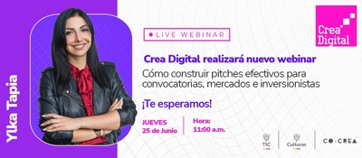 Afiche de webinar de Crea Digital con conferencista, fecha y hora para aprender a fortalecer pitches creativos.