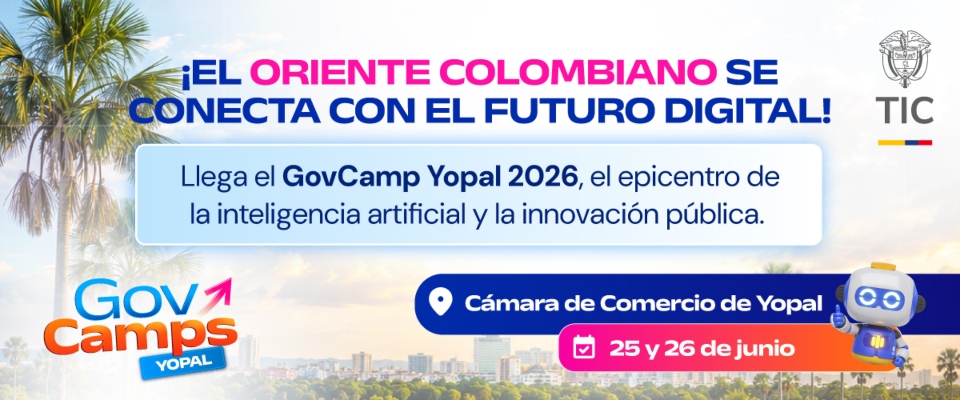 Afiche de GovCamp Yopal con información de fechas, lugar y formación en innovación pública e inteligencia artificial.