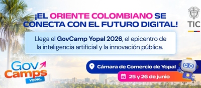 Afiche de GovCamp Yopal con información de fechas, lugar y formación en innovación pública e inteligencia artificial.
