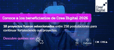 Persona con visor de realidad virtual y manos al frente. Anuncio de Crea Digital 2026 destaca 18 proyectos seleccionados en Colombia