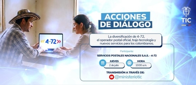 Dos personas observan un portátil con el logo 4-72. El afiche invita a las Acciones de Diálogo del Ministerio TIC sobre nuevos servicios.