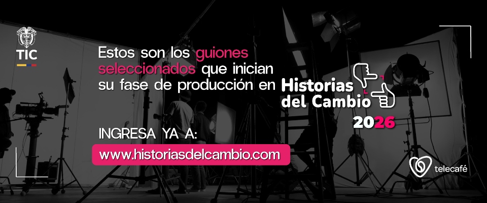 Estudio de grabación con cámaras, luces y personal. Anuncio informa que 140 guiones fueron seleccionados para Historias del Cambio 2026