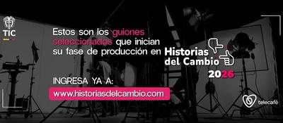 Estudio de grabación con cámaras, luces y personal. Anuncio informa que 140 guiones fueron seleccionados para Historias del Cambio 2026