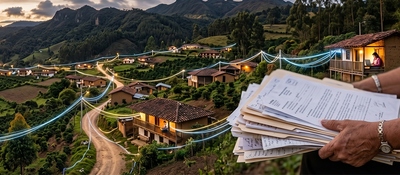Vista de un poblado rural con líneas que simbolizan conectividad y una persona con documentos sobre proyectos de acceso a internet.