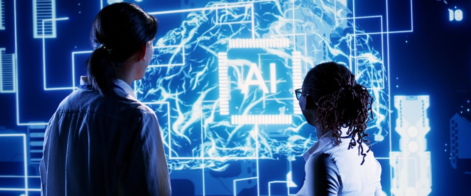 Dos personas observan una pantalla con gráficos de IA, símbolo de la transformación digital en la gestión pública