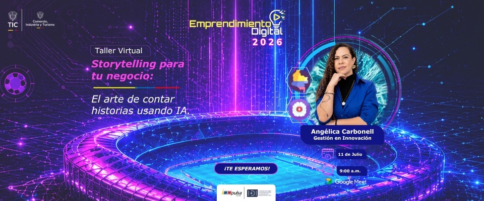Afiche de taller virtual sobre storytelling con IA. Retrato de la conferencista, fecha 11 de julio, 9:00 a. m. y Google Meet.