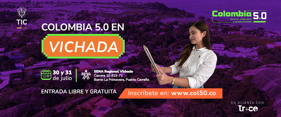 Banner morado con texto del evento; mujer sonriente sostiene una tableta a la derecha; incluye fecha, lugar, logos y sitio web