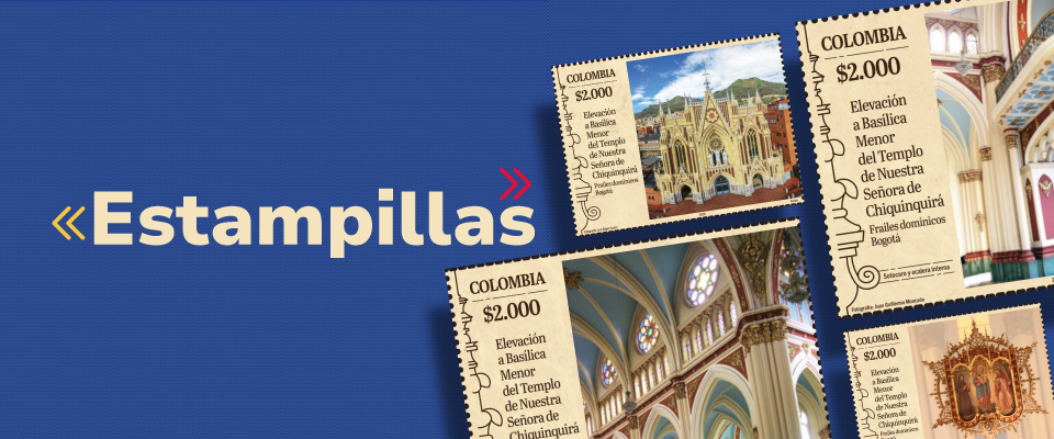 Fondo azul con texto "Estampillas" en beige y cinco estampillas de Colombia con fotos de una basílica a la derecha.