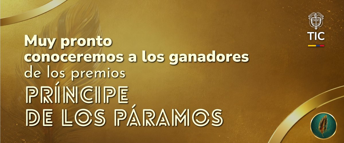 Fondo dorado con texto blanco sobre Premios Príncipe de los Páramos; logotipo TIC arriba derecha e ícono de pluma abajo derecha.