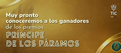 Fondo dorado con texto blanco sobre Premios Príncipe de los Páramos; logotipo TIC arriba derecha e ícono de pluma abajo derecha.