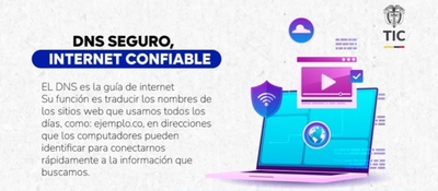 Banner con texto sobre DNS a la izquierda; a la derecha, portátil azul con escudo, globo, nube, video y logotipo TIC.