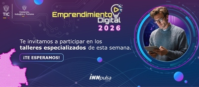 Banner morado y azul con texto de invitación, logos, botón, mapa rosa y hombre con tableta dentro de un marco circular