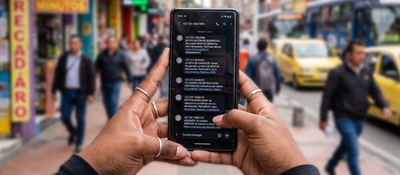 Manos sostienen un celular con mensajes en pantalla; al fondo, peatones, taxis amarillos, un bus y locales desenfocados.