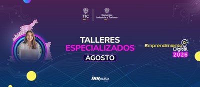Mujer sonriente con portátil a la izquierda; al centro, texto “Talleres Especializados Agosto”; logos y gráficos digitales